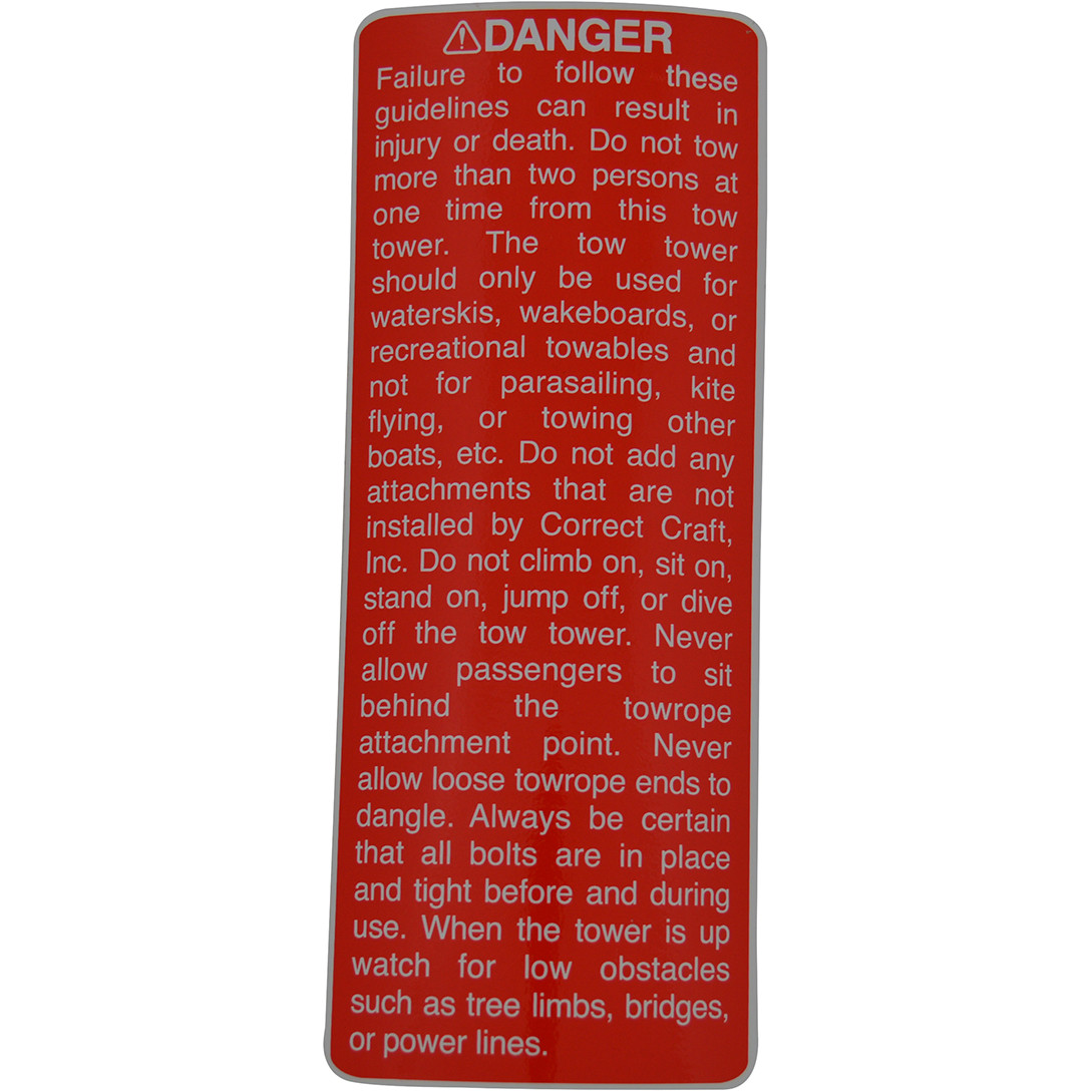 DECAL, WARNING TOW TOWER 2000- (RED LABEL WHITE LETTERS)