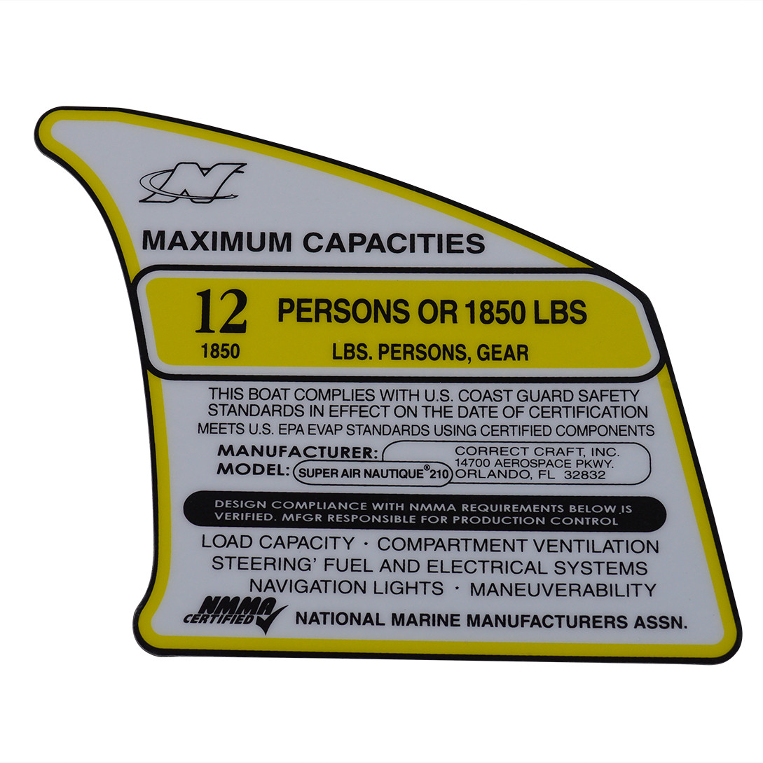 DECAL, MAX CAP SAN 210, 12 PERSONS 1850 POUNDS