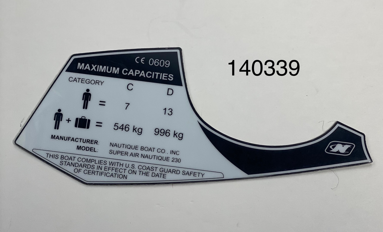 DECAL 230 MAX CAP CE LABEL 7-13 PERSONS 546-996 Kg