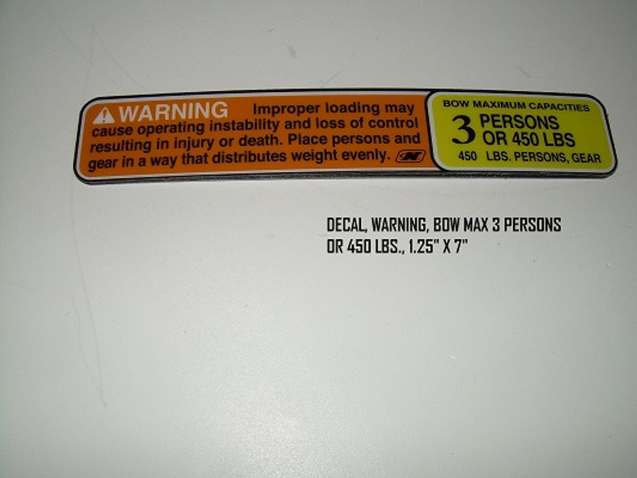 DECAL WARNING BOW MAX 3 PERSONS OR 450 LBS. 1.25" X 7"