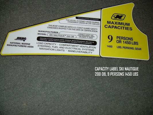 CAPACITY LABEL SKI NAUTIQUE 200 OB 9 PERSONS 1450 LBS