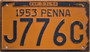 1953 penna license plate for sale