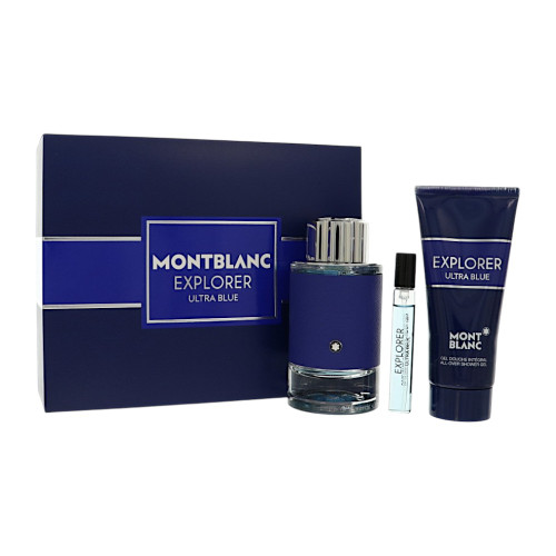 Mont Blanc Explorer Ultra Blue by Mont Blanc Gift Set for Men 3 Piece Gift Set For Men - 3.3 Oz Eau De Parfum Spray, 0.25 Oz Eau De Parfum Spray, 3.3 Oz Shower Gel