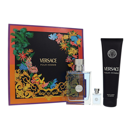 Versace Pour Homme by Versace Gift Set for Men 3 Piece Set For Men: 3.4 Oz Eau De Toilette Spray, 0.17 Oz Eau De Toilette Splash, 5 Oz Hair & Body Shampoo