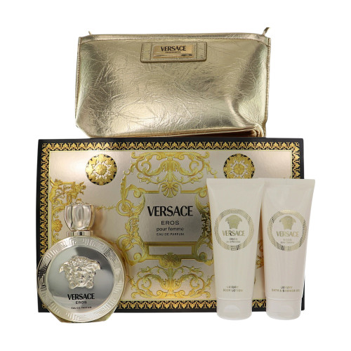 Versace Eros Pour Femme by Versace Gift Set for Women 4 Piece Gift Set - 3.4 Oz Eau De Parfum Spray, 3.4 Oz Bath & Shower Gel, 3.4 Oz Body Lotion, Soft Make Up Case