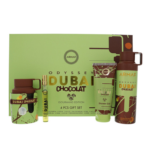 Odyssey Dubai Chocolate by Armaf Gift Set for Men 4 Piece Gift Set - 3.4 Oz Eau De Parfum Spray, 0.34 Oz Eau De Parfum , 6.8 Oz Perfum Body Spray, 3.4 Oz Shower Gel