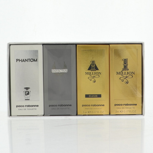 Paco Rabanne Mini Variety by Paco Rabanne Gift Set for Men 4 Piece Set For Men: 0.17 Oz 1 Million Eau De Toilette Splash, 0.17 Oz 1 Million Elixir Parfum Intense Splash, 0.17 Oz Invictus Eau De Toilette Splash, 0.17 Oz Phantom Eau De Toilette Splash