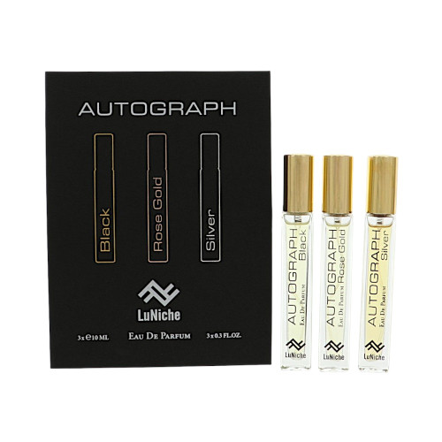 Autograph Discovery Set by Luniche Gift Set for Unisex 3 Piece Set For Unisex: 0.3 Oz Black Eau De Parfum Spray, 0.3 Oz Rose Gold Eau De Parfum Spray, 0.3 Oz Silver Eau De Parfum Spray