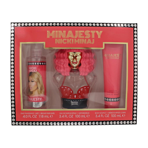 Minajesty by Nicki Minaj Gift Set for Women 3 Piece Set For Women: 3.4 Oz Eau De Parfum Spray, 4 Oz Fragrance Mist, 3.4 Oz Body Souffle