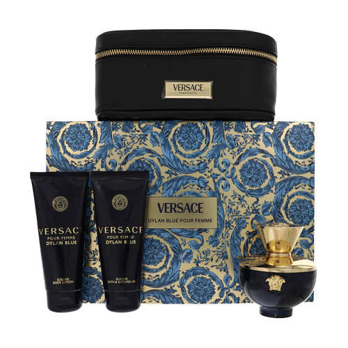 Versace Pour Femme Dylan Blue by Versace Gift Set for Women 4 Piece Gift Set - 3.4 Oz Eau De Parfum Spray, 3.4 Oz Bath & Shower Gel, 3.4 Oz Body Lotion,  Small Beauty Case