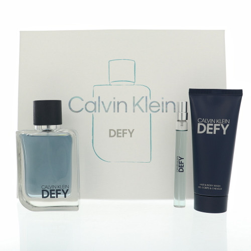 Defy by Calvin Klein Gift Set for Men 3 Piece Set For Men: 3.3 Oz Eau De Toilette Spray, 0.33 Oz Eau De Toilette Spray, 3.3 Oz Hair & Body Wash