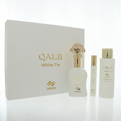 Qalb White Tie by Luniche Gift Set for Unisex 3 Piece Set For Unisex: 3.4 Oz Eau De Parfum Spray, 0.3 Oz Eau De Parfum, 3.4 Oz Fragrance Mist