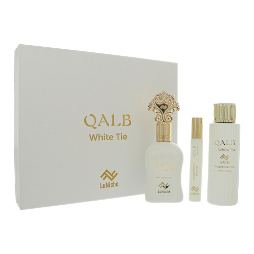 Qalb White Tie by Luniche Gift Set for Unisex 3 Piece Set For Unisex: 3.4 Oz Eau De Parfum Spray, 0.3 Oz Eau De Parfum, 3.4 Oz Fragrance Mist