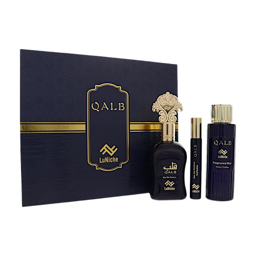Qalb by Luniche Gift Set for Unisex 3 Piece Set For Unisex: 3.4 Oz Eau De Parfum Spray, 0.3 Oz Eau De Parfum, 3.4 Oz Fragrance Mist