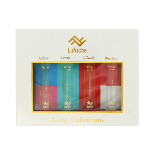 Aziza by Luniche Gift Set for Unisex 4 Piece Set For Unisex: 0.3 Oz Aziza Eau De Parfum Spray, 0.3 Oz Aziza Forte Eau De Parfum Spray, 0.3 Oz Aziza Strawbelle Eau De Parfum Spray, 0.3 Oz Aziza Blushed Eau De Parfum Spray