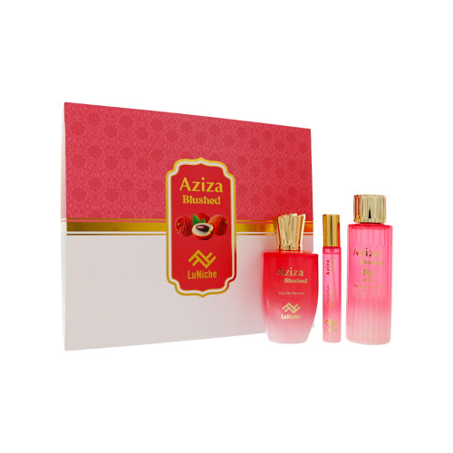 Aziza Blushed by Luniche Gift Set for Unisex 3 Piece Set For Unisex: 3.4 Oz Eau De Parfum Spray, 0.3 Oz Eau De Parfum Spray, 3.4 Oz Fragrance Mist