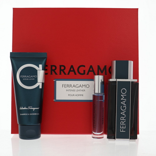 Intense Leather by Salvatore Ferragamo Gift Set for Men 3 Piece Set For Men: 3.4 Oz Eau De Parfum Spray, 0.34 Oz Eau De Parfum Spray, 3.4 Oz Shampoo & Shower Gel