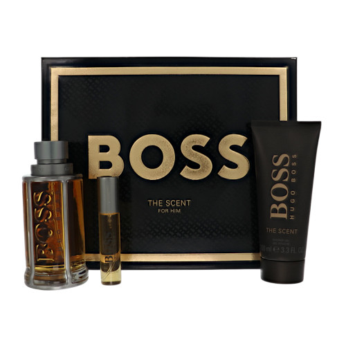 Boss The Scent by Hugo Boss Gift Set for Men 3 Piece Set For Men: 3.3 Oz Eau De Toilette Spray, 0.33 Oz Eau De Toilette Spray, 3.3 Oz Shower Gel