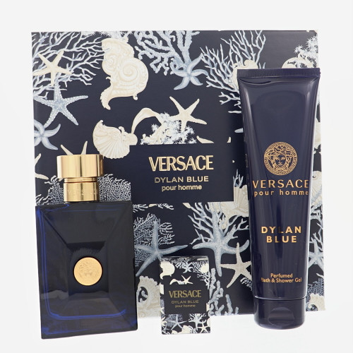 Versace Dylan Blue by Versace Gift Set for Men 3 Piece Set For Men: 3.4 Oz Eau De Toilette Spray, 0.17 Oz Eau De Toilette Splash, 5 Oz Bath & Shower Gel