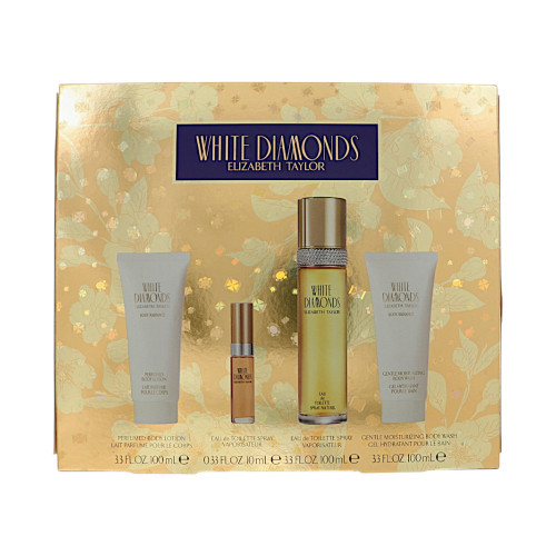 White Diamonds by Elizabeth Taylor Gift Set for Women 4 Piece Set For Women: 3.3 Oz Eau De Toilette Spray, 0.33 Oz Eau De Toilette Spray, 3.3 Oz Gentle Moisturizing Body Wash, 3.3 Oz Perfumed Body Lotion