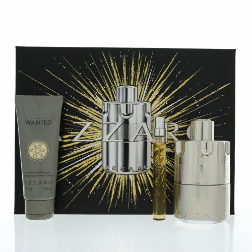 Wanted by Azzaro Gift Set for Men 3 Piece Set For Men: 3.38 Oz Eau De Parfum Spray, 0.33 Oz Eau De Parfum Spray, 2.53 Oz Shampoo