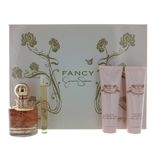 Fancy by Jessica Simpson Gift Set for Women 4 Piece Set For Women: 3.4 Oz Eau De Parfum Spray, 0.34 Oz Eau De Parfum Spray, 3 Oz Body Lotion, 3 Oz Bath & Shower Gel