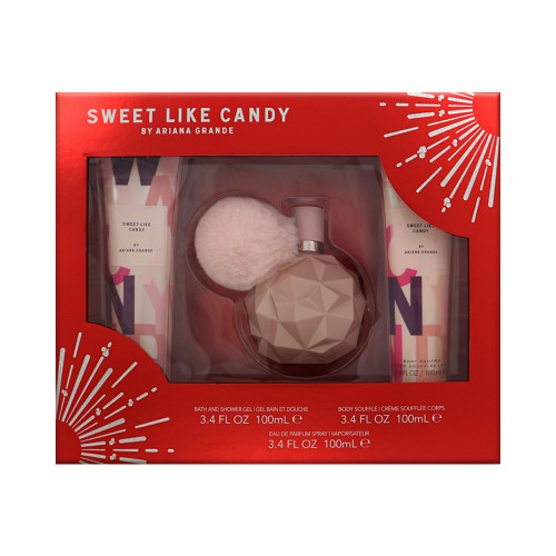 Sweet Like Candy by Ariana Grande Gift Set for Women 3 Piece Set For Women: 3.4 Oz Eau De Parfum Spray, 3.4 Oz Bath & Shower Gel, 3.4 Oz Body Souffle