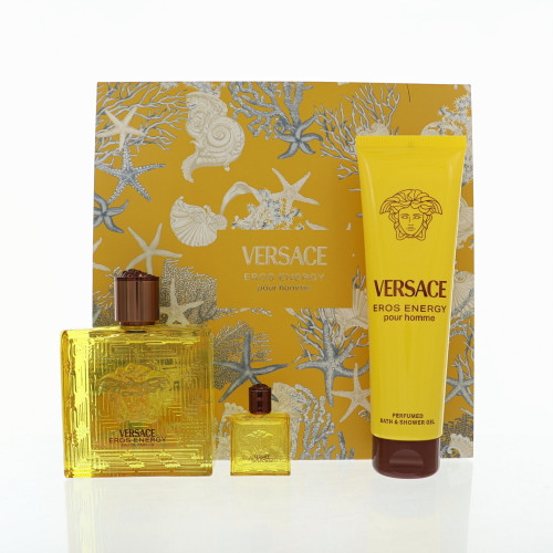 Eros Energy by Versace Gift Set for Men 3 Piece Set For Men: 3.4 Oz Eau De Parfum Spray, 0.17 Oz Eau De Parfum Splash, 5 Oz Bath & Shower Gel