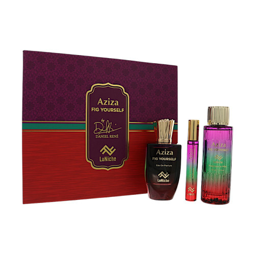 Aziza Fig Yourself X Daniel Rene by Luniche Gift Set for Unisex 3 Piece Set For Unisex: 3.4 Oz Eau De Parfum Spray, 0.3 Oz Eau De Parfum Spray, 3.4 Oz Fragrance Mist