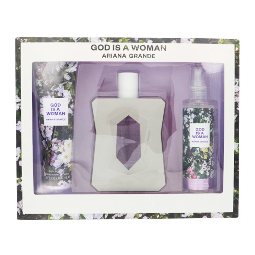God Is A Woman by Ariana Grande Gift Set for Women 3 Piece Set For Women: 3.4 Oz Eau De Parfum Spray, 4 Oz Body Mist, 3.4 Oz Body Souffle