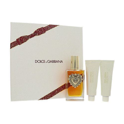 Devotion by Dolce & Gabbana Gift Set for Women 3 Piece Set For Women: 3.3 Oz Eau De Parfum Spray, 1.69 Oz Shower Gel, 1.69 Oz Body Lotion