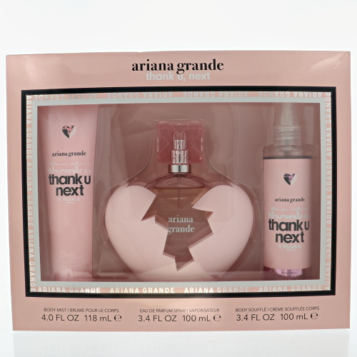 Thank U,Next by Ariana Grande Gift Set for Women 3 Piece Set For Women: 3.4 Oz Eau De Parfum Spray, 4 Oz Body Mist, 3.4 Oz Body Souffle