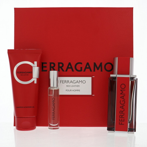 Red Leather by Salvatore Ferragamo Gift Set for Men 3 Piece Set For Men: 3.4 Oz Eau De Parfum Spray, 0.34 Oz Eau De Parfum Spray, 3.4 Oz Shampoo And Shower Gel