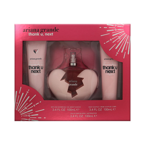 Thank U, Next by Ariana Grande Gift Set for Women 3 Piece Set For Women: 3.4 Oz Eau De Parfum Spray, 3.4 Oz Bath & Shower Gel, 3.4 Oz Body Souffle