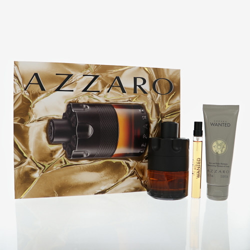 The Most Wanted Parfum by Azzaro Gift Set for Men 3 Piece Set For Men: 3.38 Oz Eau De Parfum Spray, 0.33 Oz Eau De Parfum Spray, 2.53 Oz Shampoo