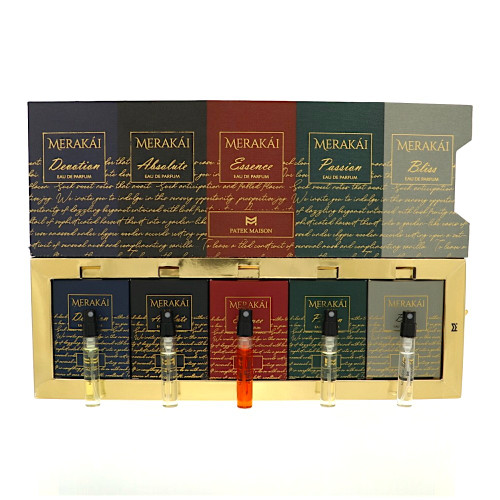 Merakai Luxury Discovery Set by Patek Maison Gift Set for Unisex 5 Piece Gift Set - 0.10Oz Devotion Edp Spray, 1.10Oz Absolute Edp Spray, 0.10Oz Essence Edp Spray,0.10Oz Passion Edp Spray,0.10Oz Bliss Edp Spray Oz