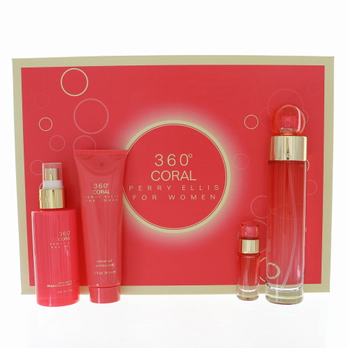 360 Degrees Coral by Perry Ellis Gift Set for Women 4 Piece Set For Women: 3.4 Oz Eau De Parfum Spray, 0.25 Oz Eau De Parfum Spray, 3 Oz Shower Gel, 4 Oz Body Mist Spray