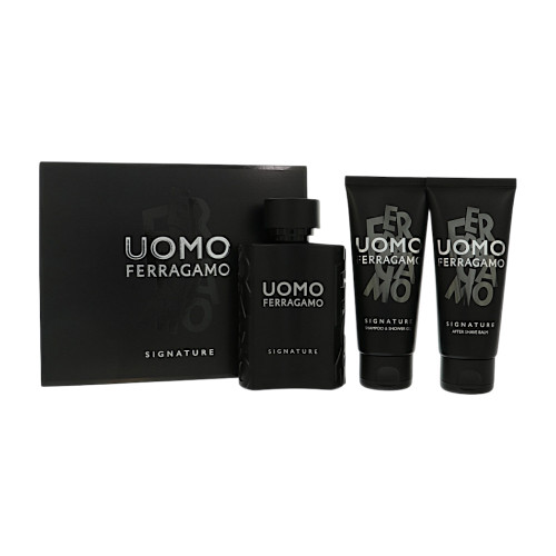 Uomo Signature by Salvatore Ferragamo Gift Set for Men 3 Piece Set For Men: 3.4 Oz Eau De Parfum Spray, 3.4 Oz Shampoo And Shower Gel, 3.4 Oz After Shave Balm