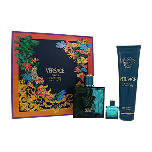 Versace Eros by Versace Gift Set for Men 3 Pc Gift Set-3.4Oz Edt Spray, 0.17Oz Edt Splash, 5Oz Shower Gel Oz