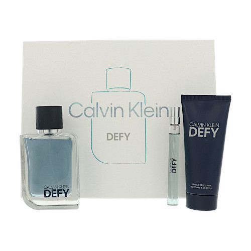 Defy by Calvin Klein Gift Set for Men 3 Piece Set For Men: 3.3 Oz Eau De Toilette Spray, 0.33 Oz Eau De Toilette Spray, 3.3 Oz Hair & Body Wash