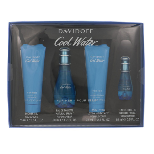 Cool Water by Davidoff Gift Set for Women 4 Pc Gift Set-1.7Oz Edt Spray,0.5Oz Edt Spray,2.5Oz Body Lotion,2.5Oz Shower Gel Oz