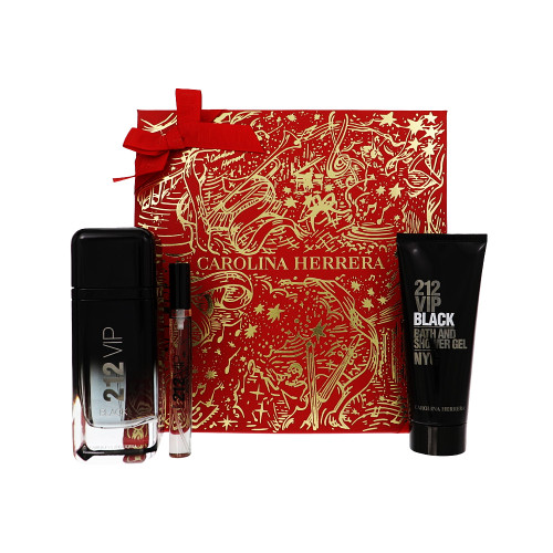 212 Vip Black by Carolina Herrera Gift Set for Men 3 Piece Set For Men: 3.4 Oz Eau De Parfum Spray, 0.34 Oz Eau De Parfum Spray, 3.4 Oz Bath & Shower Gel
