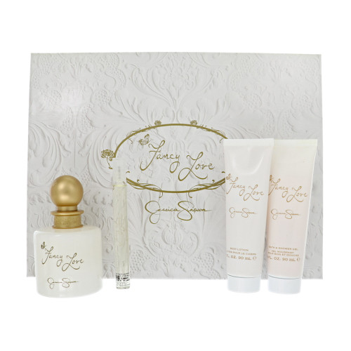 Fancy Love by Jessica Simpson Gift Set for Women 4 Piece Gift Set For Women - 3.4 Oz Eau De Parfum Spray, 0.34 Oz Eau De Parfum Spray, 3 Oz Body Lotion, 3 Oz Bath & Shower Gel