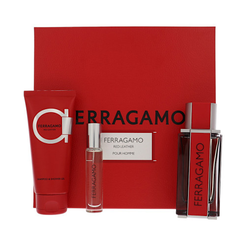Red Leather by Salvatore Ferragamo Gift Set for Men 3 Piece Set For Men: 3.4 Oz Eau De Parfum Spray, 0.34 Oz Eau De Parfum Spray, 3.4 Oz Shampoo And Shower Gel