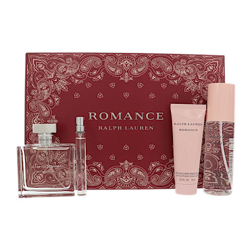 Romance by Ralph Lauren Gift Set for Women 4 Piece Gift Set For Women - 3.4 Oz Eau De Parfum Spray, 0.34 Oz Eau De Parfum Spray, 5.1 Oz Refreshing Body Mist, 2.5 Oz Sensuous Body Moisturizer