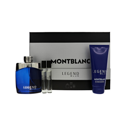 Legend Blue by Montblanc Gift Set for Men 4 Piece Set For Men: 3.3 Oz Eau De Parfum Spray, 0.25 Oz Eau De Parfum Spray, 0.25 Oz Eau De Parfum Spray, 3.3 Oz All-Over Shower Gel