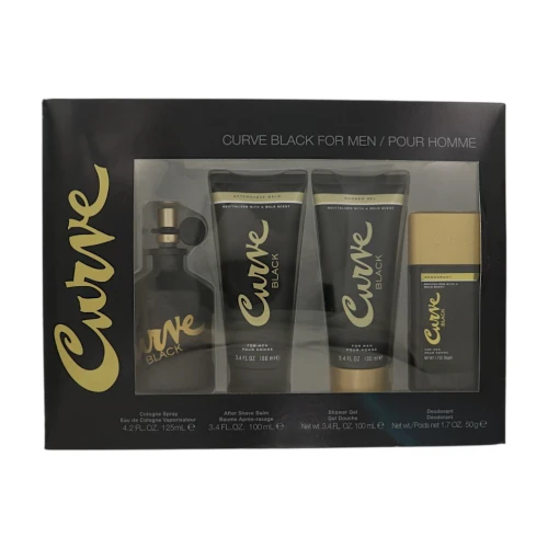 Curve Black by Liz Claiborne Gift Set for Men 4 Piece Set For Men: 4.2 Oz Eau De Cologne Spray, 3.4 Oz Aftershave Balm, 3.4 Oz Shower Gel, 1.7 Oz Deodorant Stick