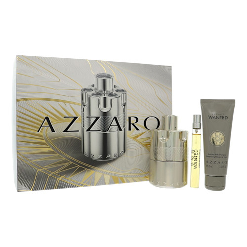 Wanted by Azzaro Gift Set for Men 3 Piece Set For Men: 3.38 Oz Eau De Parfum Spray, 0.33 Oz Eau De Parfum Spray, 2.53 Oz Shampoo