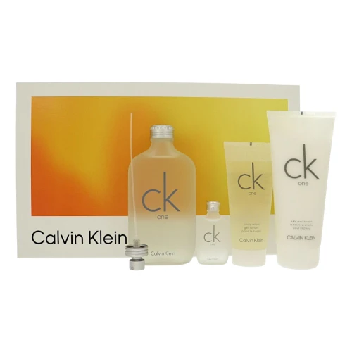 Ck One by Calvin Klein Gift Set for Unisex 4 Piece Set For Unisex: 6.7 Oz Eau De Toilette Spray, 0.5 Oz Eau De Toilette Splash, 6.7 Oz Skin Moisturizer, 3.3 Oz Body Wash