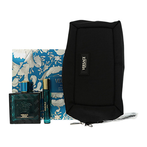 Versace Eros by Versace Gift Set for Men 3 Piece Gift Set - 3.4 Oz Eau De Toilette Spray ,0.3 Oz Eau De Toilette Spray ,Black Toiletry Bag